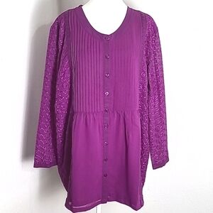 Ulla Popken Purple Buttondown Blouse with Lace & Embroidery, Size 20/22